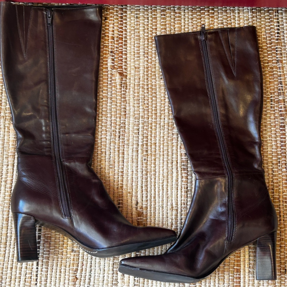 NWOT ANTONIO MELANI s8 dk brown leather boots-comfy square toe-sturdy 2.75” heel - Picture 2 of 7
